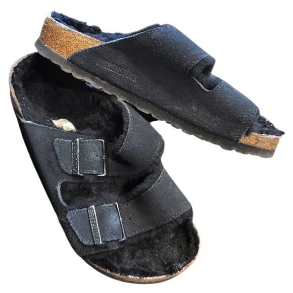 Birkenstock Sandals Women's 7 Black Arizona Shearling Lined Cozy Suede Leather - Picture 1 of 6
